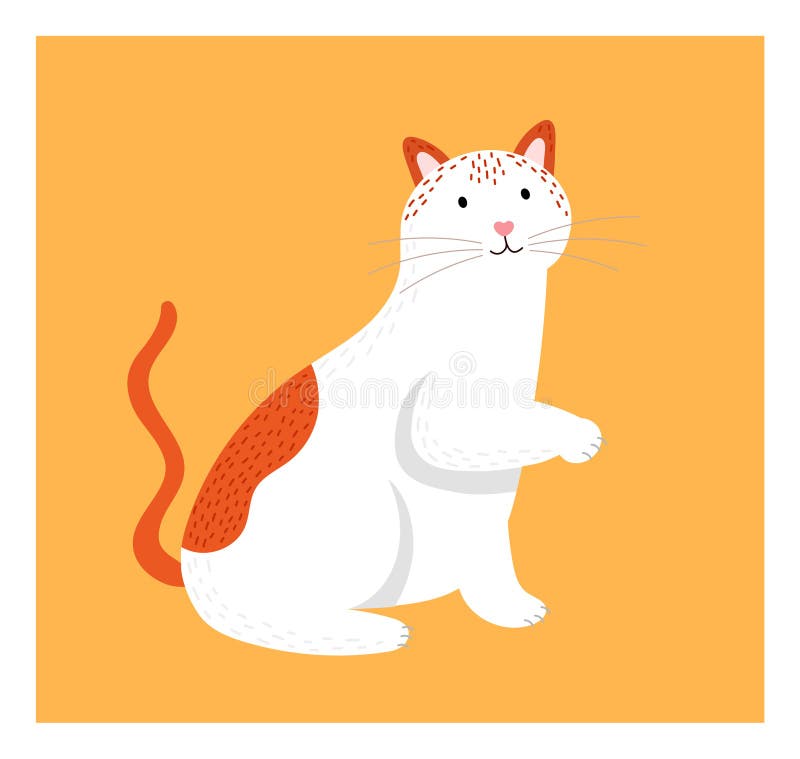 Kot biały i pomarańczowy plamisty stojący na tylnych nogach, z ciekawą ekspresją pomarańczowy tło. zabawny feline ilustracji