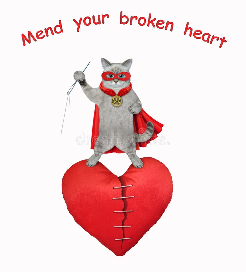 An ashen cat in ared cloak and a mask mends broken heart. White background. Isolated. An ashen cat in ared cloak and a mask mends broken heart. White background. Isolated