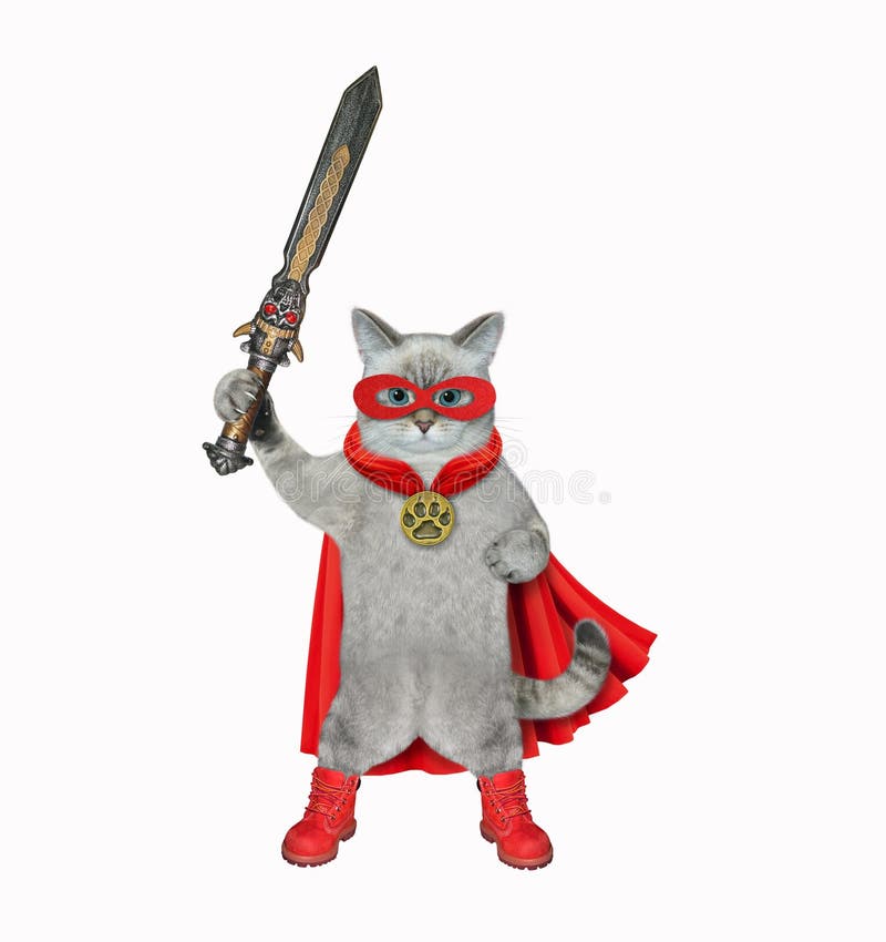 An ashen cat dressed a red cloak and a mask holds a sword. White background. Isolated. An ashen cat dressed a red cloak and a mask holds a sword. White background. Isolated