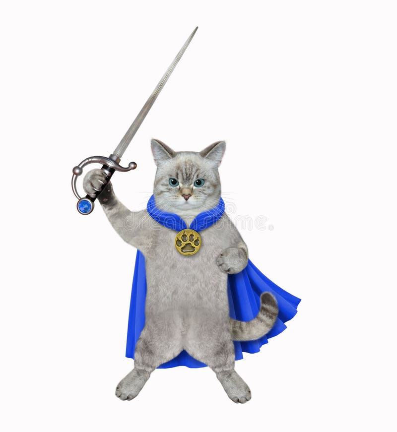 An ashen cat dressed a blue cloak holds a sword. White background. Isolated. An ashen cat dressed a blue cloak holds a sword. White background. Isolated