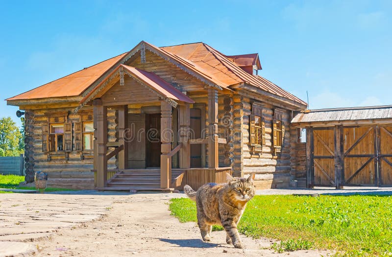 Kot przy drewnianym domem, Suzdal zdjęcie stock Kot przy drewnianym domem, Suzdal zdjęcie stock