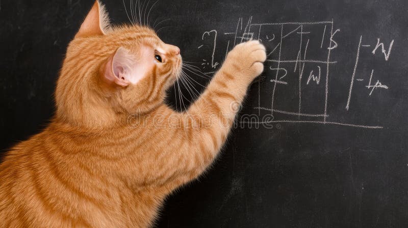 Kot rozwiązuje problem matematyczny na blackboard pomarańczowy tabby cat chalkboard równanie matematyczne uczenie inteligencji zab royalty ilustracja