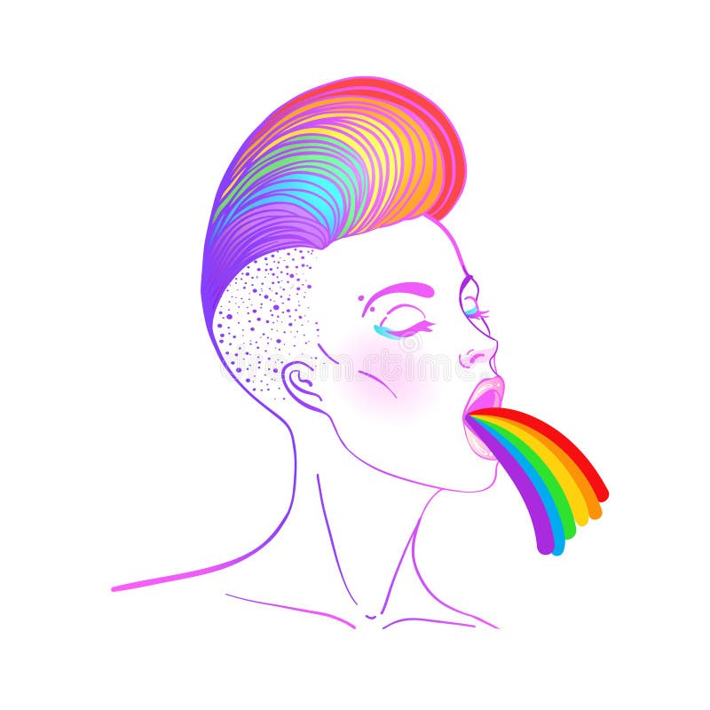 Kotzender Regenbogen der hübschen Frau Hand gezeichnete lokalisierte Illustration auf weißem Hintergrund lizenzfreie abbildung