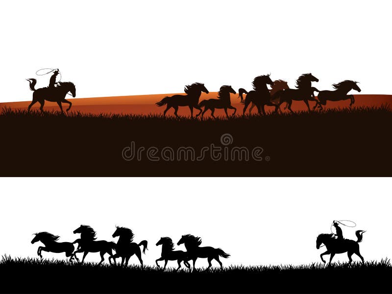 Cowboy chasing the herd of wild mustang horses - wild west vector silhouette panoramic design. Cowboy chasing the herd of wild mustang horses - wild west vector silhouette panoramic design