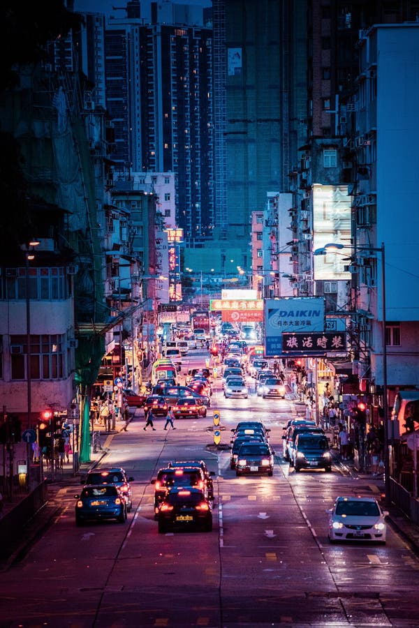 Kowloon City: Night of Busy Street, Many People and Cars, Downtown of ...