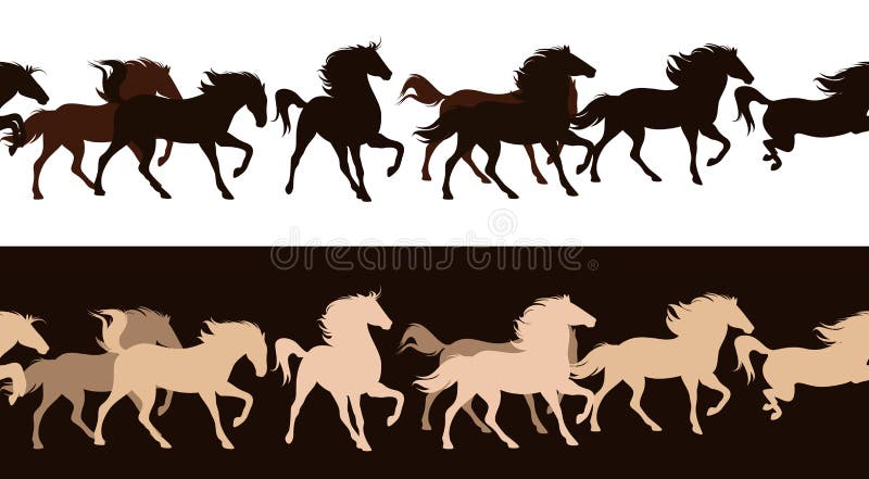 Running horses herd contrast outlines - seamless silhouette decor border. Running horses herd contrast outlines - seamless silhouette decor border