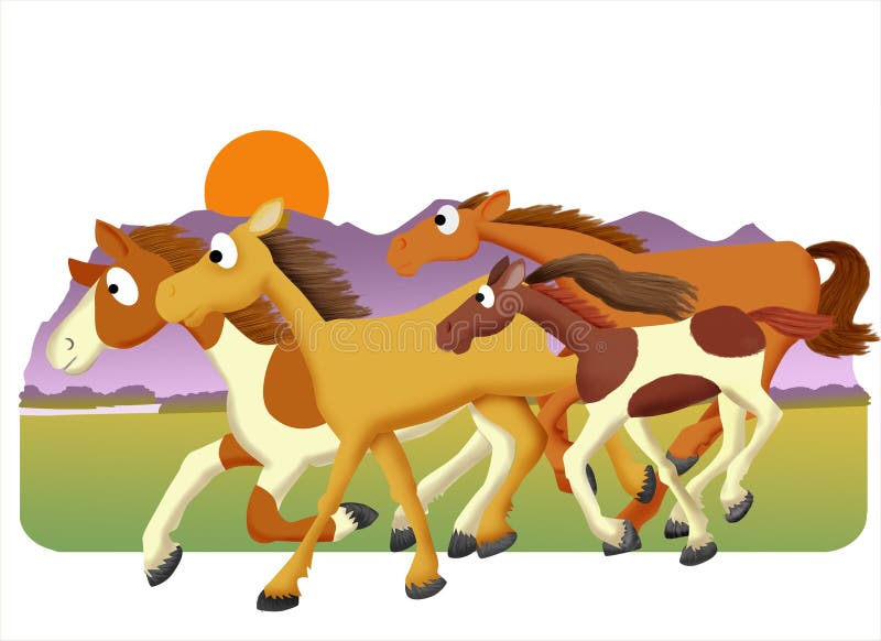 Cartoon herd of horses against a mountain background. Cartoon herd of horses against a mountain background