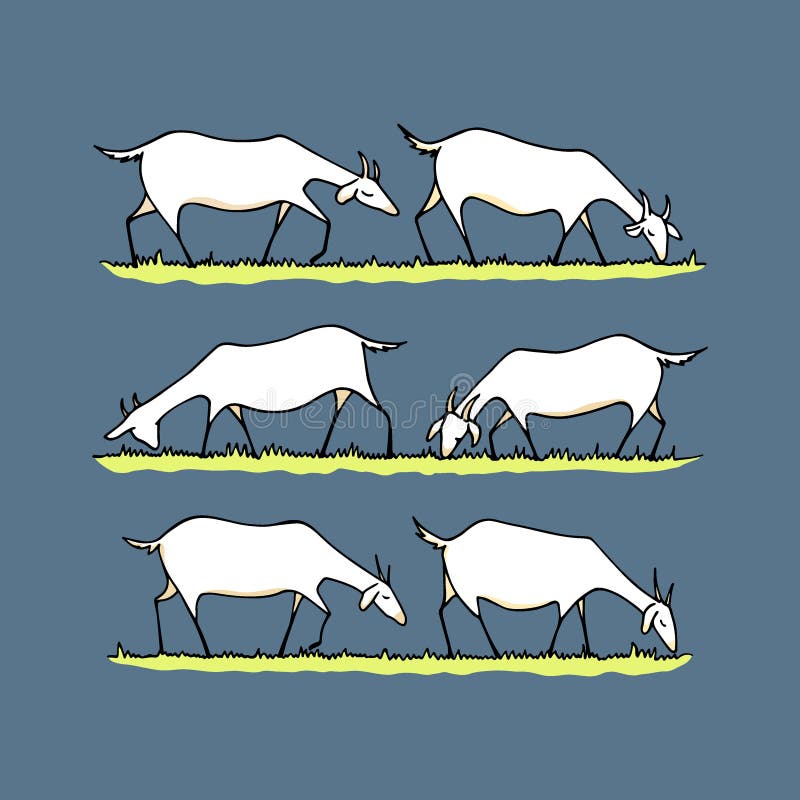 Vector illustration of hand drawn goat herd eating fresh grass on a meadow. Horizontal layout, cute animal characters. Vector illustration of hand drawn goat herd eating fresh grass on a meadow. Horizontal layout, cute animal characters.