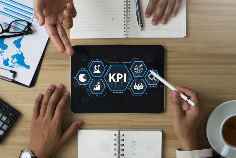 KPI, Key Performance Indicator. Business people presentation, question feedback and planning ideas. business goals, performance stock image