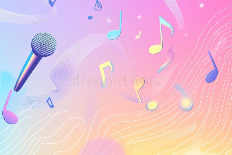 Kpop inspirowane minimalistycznym tłem z kolorowymi nutami muzycznymi i mikrofonami w dynamicznym ustawieniu. Żywe minimalistyczne tło pokazuje kolorowe nuty muzyczne i mikrofony tworzące żywą atmosferę idealną dla miłośników muzyki.