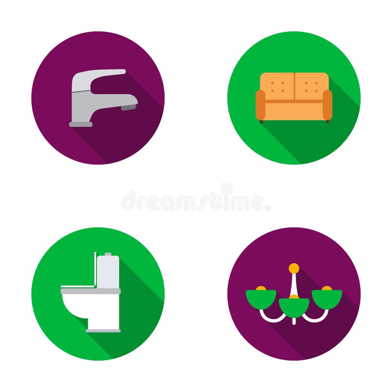 Kraan, bank, toilet, kroonluchter Pictogrammen van de meubilair de vastgestelde inzameling in het vlakke Web van de de voorraadil royalty-vrije illustratie Kraan, bank, toilet, kroonluchter Pictogrammen van de meubilair de vastgestelde inzameling in het vlakke Web van de de voorraadil royalty-vrije illustratie