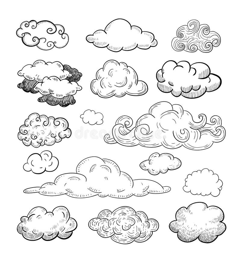 Krabbelinzameling van Hand Getrokken Vectorwolken stock illustratie Krabbelinzameling van Hand Getrokken Vectorwolken stock illustratie