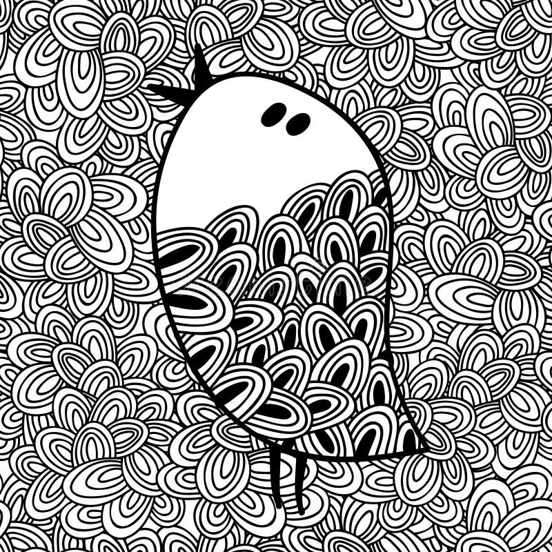 Krabbelpatroon met zwart-wit vogelbeeld voor het kleuren stock illustratie Krabbelpatroon met zwart-wit vogelbeeld voor het kleuren stock illustratie