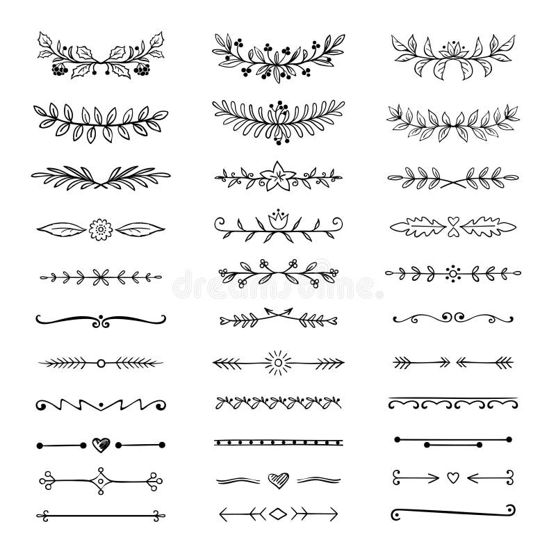Krabbelverdelers Hand getrokken lijngrenzen en laurels, sier decoratief kader, schets van de aard de bloemenpijl Vector Krabbelverdelers Hand getrokken lijngrenzen en laurels, sier decoratief kader, schets van de aard de bloemenpijl Vector