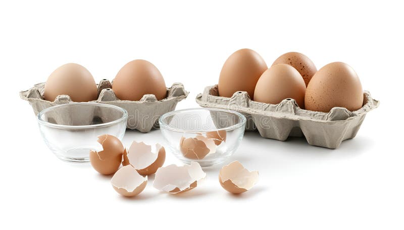 Krackade ägg i småglasskivor : Torka med knäckta ägg intill en pappkartong och bruna äggskal royaltyfri foto