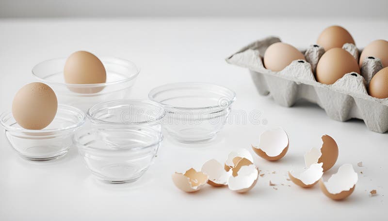 Krackade ägg i småglasskivor : Torka med knäckta ägg intill en pappkartong och bruna äggskal royaltyfria foton