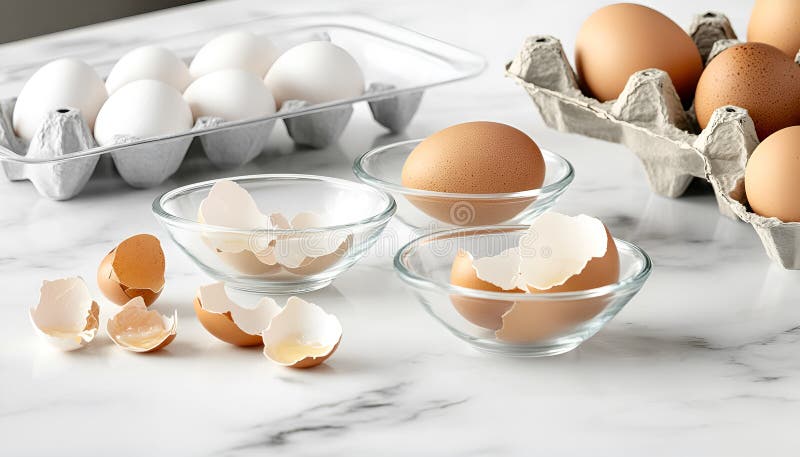Krackade ägg i småglasskivor : Torka med knäckta ägg intill en pappkartong och bruna äggskal arkivbild