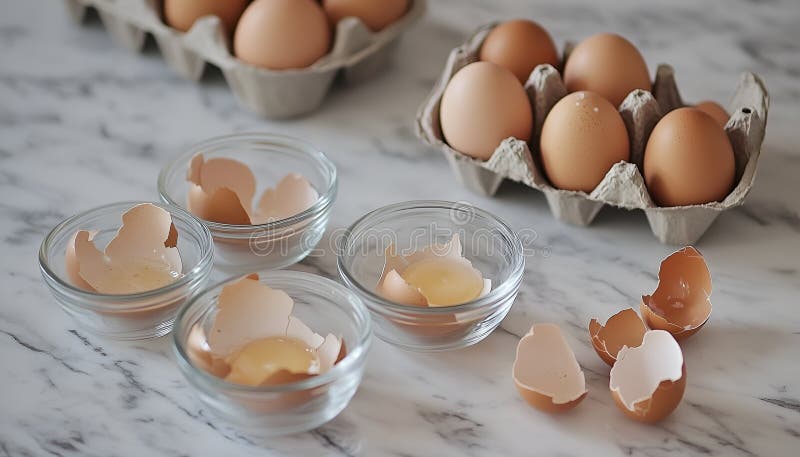 Krackade ägg i småglasskivor : Torka med knäckta ägg intill en pappkartong och bruna äggskal arkivfoto