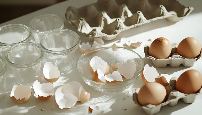 Krackade ägg i småglasskivor : Torka med knäckta ägg intill en pappkartong och bruna äggskal royaltyfri foto