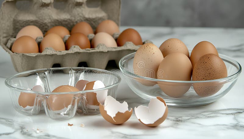 Krackade ägg i småglasskivor : Torka med knäckta ägg intill en pappkartong och bruna äggskal arkivfoton