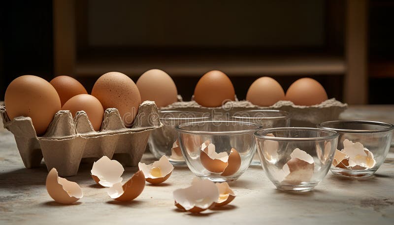 Krackade ägg i småglasskivor : Torka med knäckta ägg intill en pappkartong och bruna äggskal arkivfoto