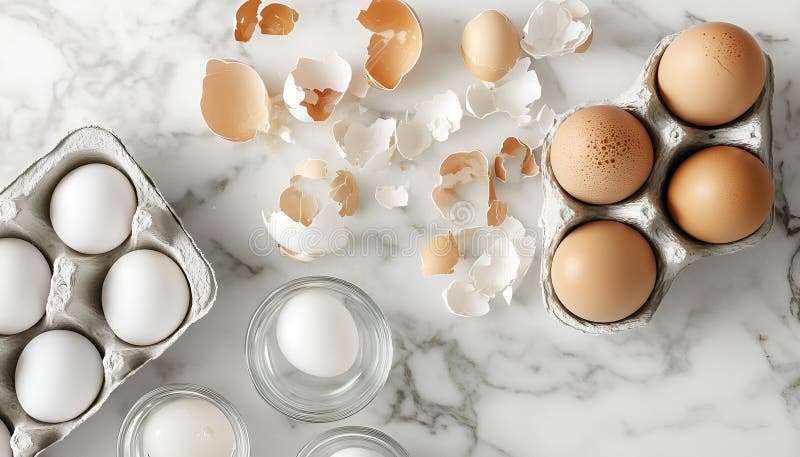 Krackade ägg i småglasskivor : Torka med knäckta ägg intill en pappkartong och bruna äggskal royaltyfri bild