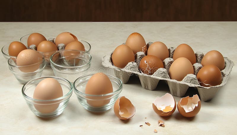 Krackade ägg i småglasskivor : Torka med knäckta ägg intill en pappkartong och bruna äggskal royaltyfria foton