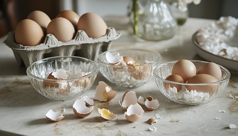 Krackade ägg i småglasskivor : Torka med knäckta ägg intill en pappkartong och bruna äggskal arkivbilder
