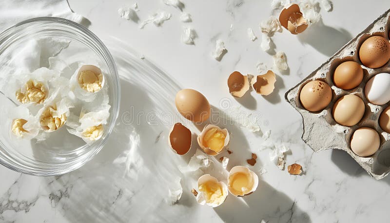 Krackade ägg i småglasskivor : Torka med knäckta ägg intill en pappkartong och bruna äggskal royaltyfria bilder