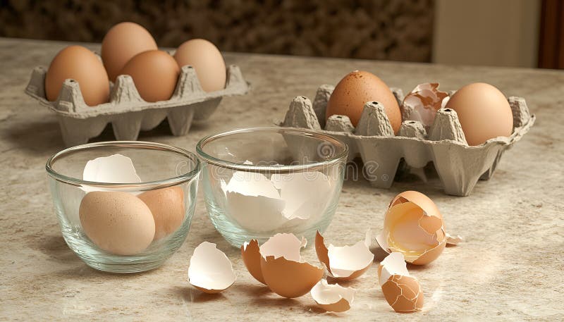 Krackade ägg i småglasskivor : Torka med knäckta ägg intill en pappkartong och bruna äggskal royaltyfri bild