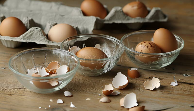 Krackade ägg i småglasskivor : Torka med knäckta ägg intill en pappkartong och bruna äggskal royaltyfria bilder