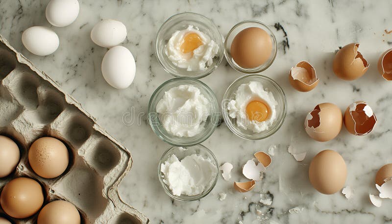 Krackade ägg i småglasskivor : Torka med knäckta ägg intill en pappkartong och bruna äggskal fotografering för bildbyråer
