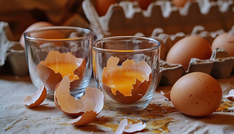 Krackade ägg i småglasskivor : Torka med knäckta ägg intill en pappkartong och bruna äggskal arkivfoton