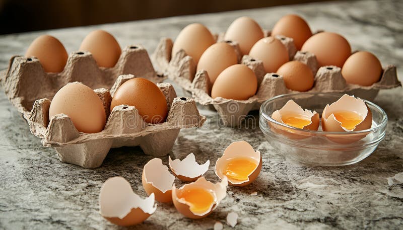 Krackade ägg i småglasskivor : Torka med knäckta ägg intill en pappkartong och bruna äggskal royaltyfri fotografi