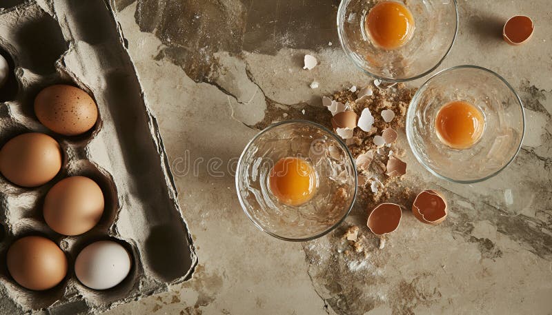Krackade ägg i småglasskivor : Torka med knäckta ägg intill en pappkartong och bruna äggskal arkivbild
