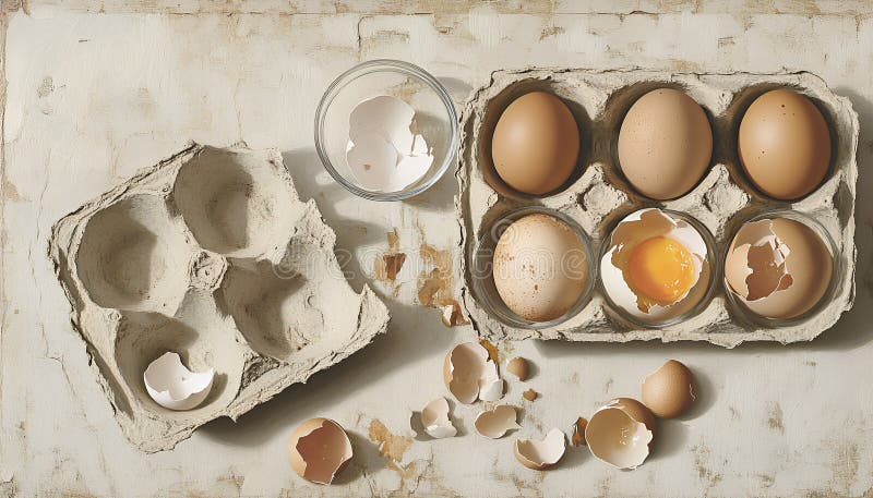 Krackade ägg i småglasskivor : Torka med knäckta ägg intill en pappkartong och bruna äggskal royaltyfria foton
