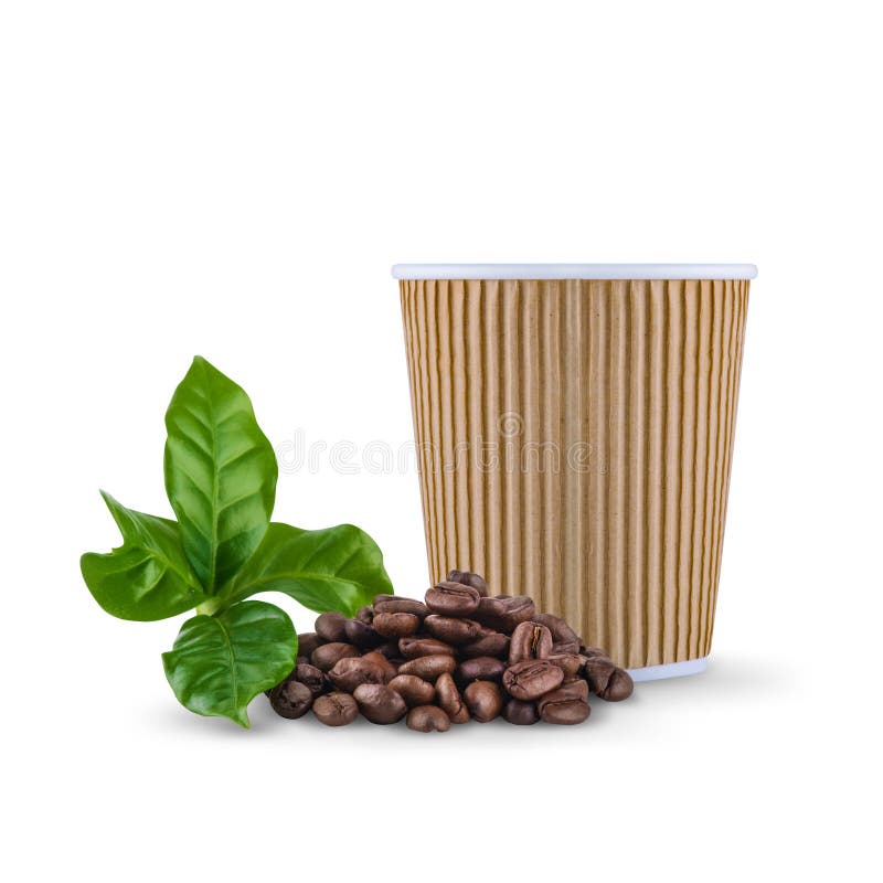 Kraft paper coffee cup coffee beans on white background