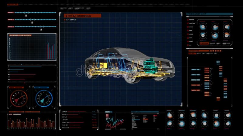 Kraftfahrzeugtechnik Antriebsachsensystem, Maschine, Innensitz Röntgenstrahl Seitenansicht von 360 Grad im digitalen Anzeigefeld