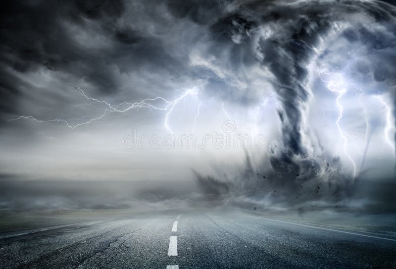 Powerful Tornado On Road In Stormy Landscape. Powerful Tornado On Road In Stormy Landscape