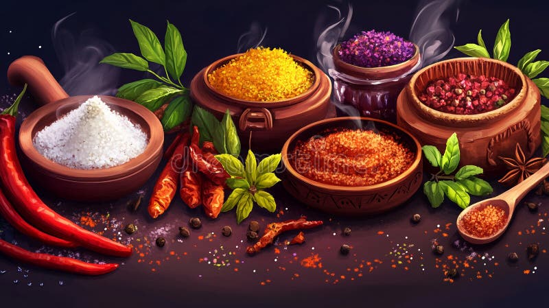 Kraftiga kryddor örter Aromatiska koageringsingredienser Livsmedel - fortfarande livsbelysning Delicious Culinary Art Dark vektor illustrationer