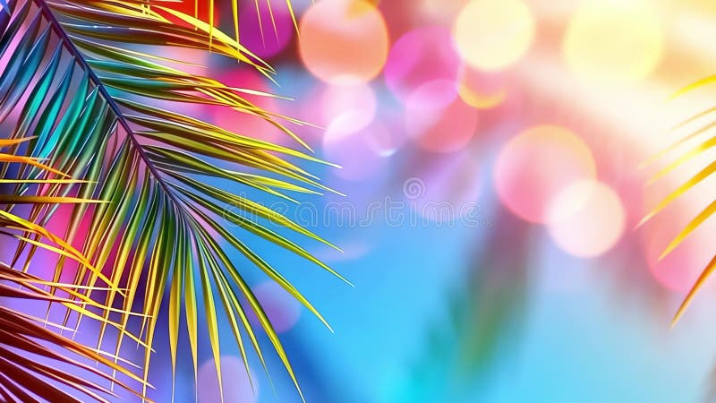 Kraftiga tropiska palmblad med färgstark bokebakgrund som skapar en sommarparadisatmosfär. semester arkivfilmer