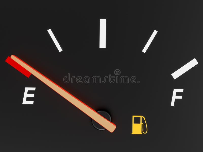 A closeup of a car fuel gauge showing empty. A closeup of a car fuel gauge showing empty