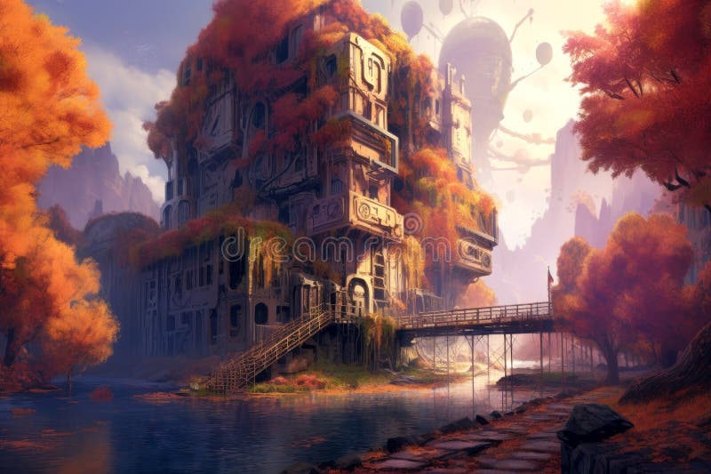 Krajobraz fantasy przedstawia przerośniętą strukturę mistyczną z bluszczem ilustracji