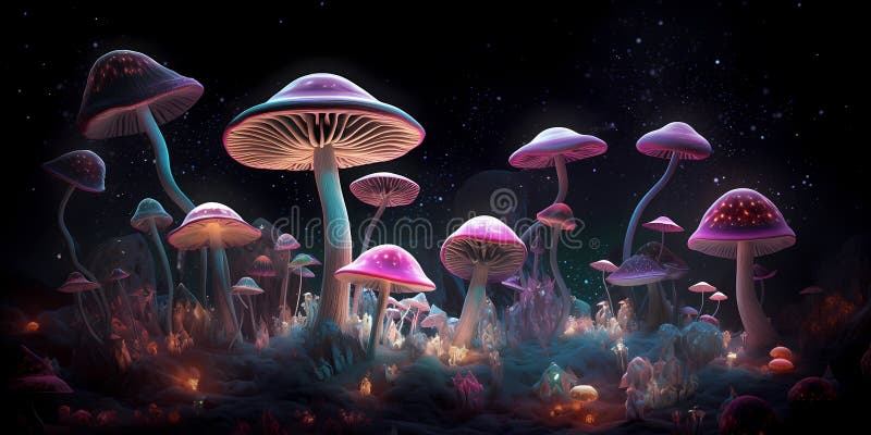 Krajobraz fantasy z grzybami. las magiczny. ai generacyjne