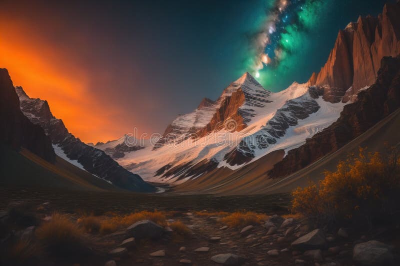 Krajobraz górski z gwieździstym niebem i aurora borealis. ai generatywne