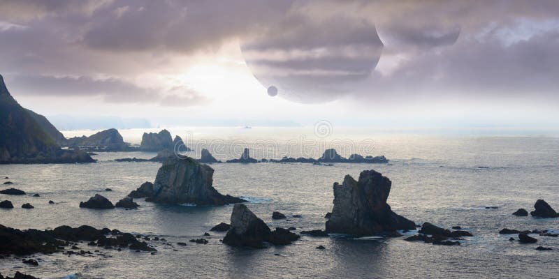 Krajobraz kosmosu skalistej planety z oceanem ilustracji
