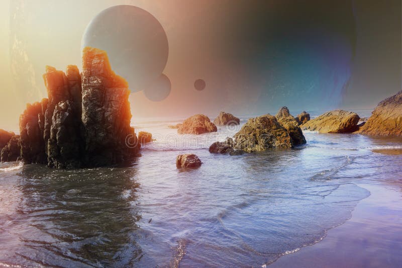 Krajobraz kosmosu skalistej planety z oceanem ilustracji