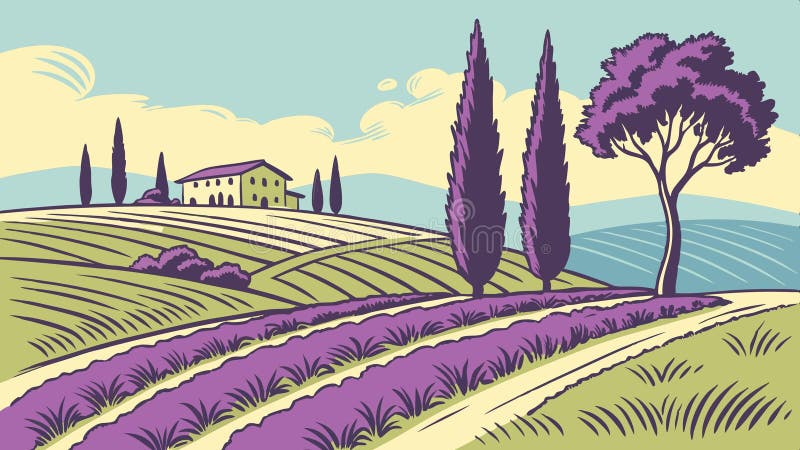Krajobraz Lavender z cypress drzewa Provence sceneria Francuski wektor uroku krajobraz Generacja AI royalty ilustracja