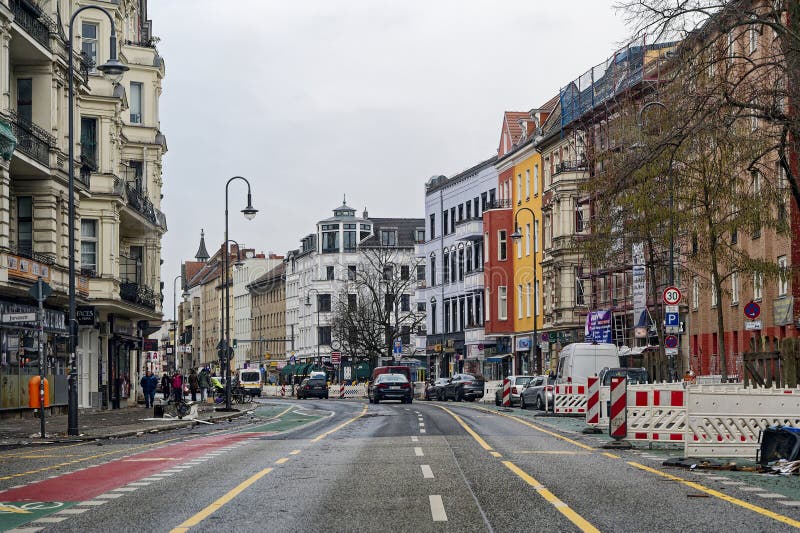 Berlin, Germany - January 1, 2024: Cityscape with a main street in Berlin-Neukoelln on New Year's Day. Berlin, Germany - January 1, 2024: Cityscape with a main street in Berlin-Neukoelln on New Year's Day