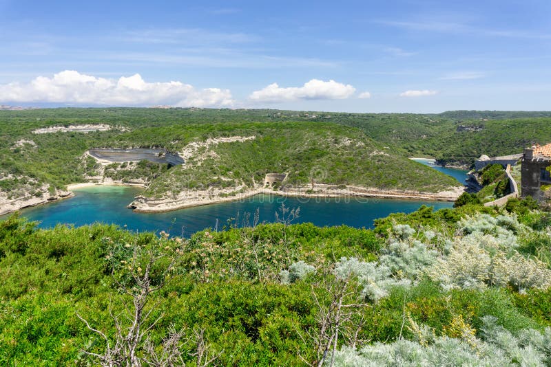 Krajobraz na Korsyce, piękny widok miasta Calvi z zamkiem na wzgórzu latem, Francja fotografia stock